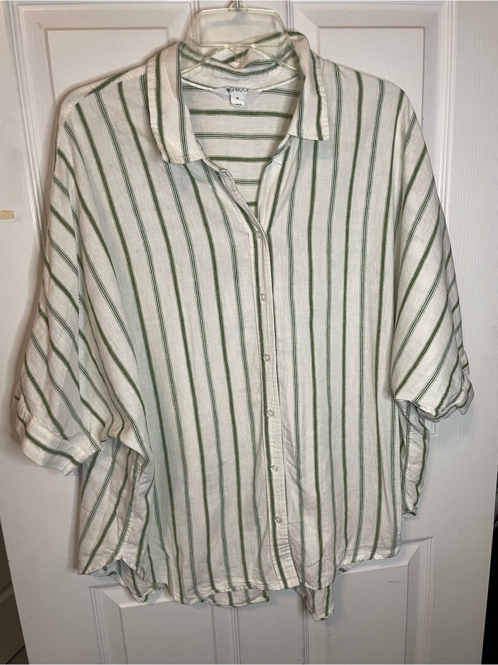 Relaxed Green Stripe Button-Up Women's Top linen blend xl market & spruce